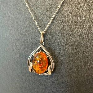 Vintage Antique Honey Amber Sterling Silver Pendant Necklace